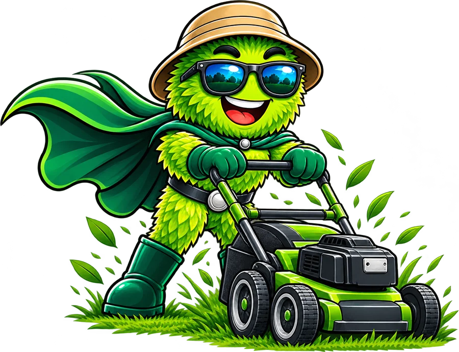 Mowing Hero mascot pushing a lawn mower through fresh-cut grass